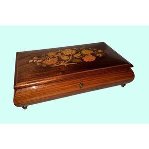 Antique Wooden Inlay Floral Music Box marquetry italian Red Velvet Lining